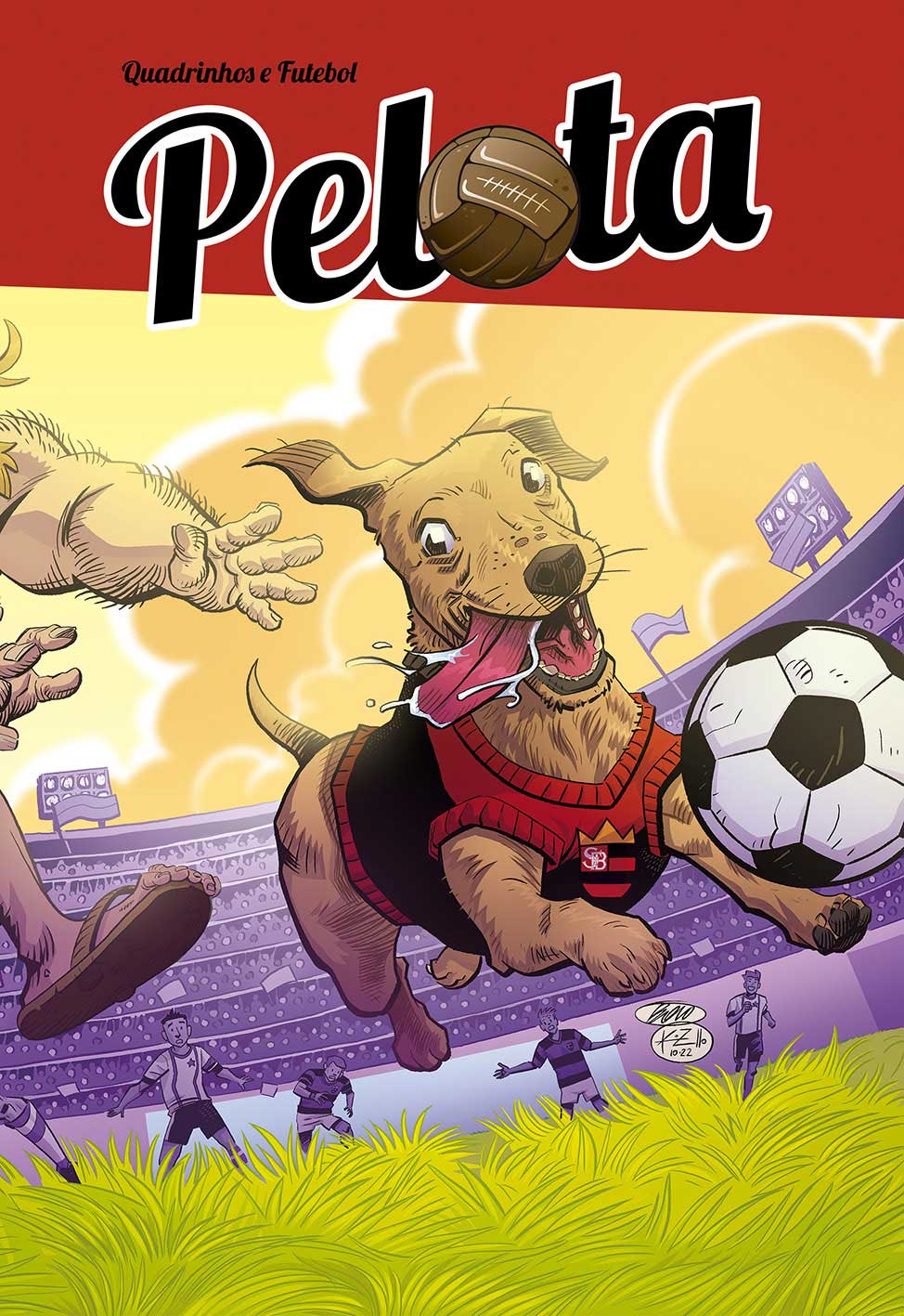 Capa da HQ Pelota - Quadrinhos e Futebol com destaque na imagem para o vira-lata Billy, que veste uma camisa do seu time enquanto corre de um torcedor e atrás de uma bola de futebol.